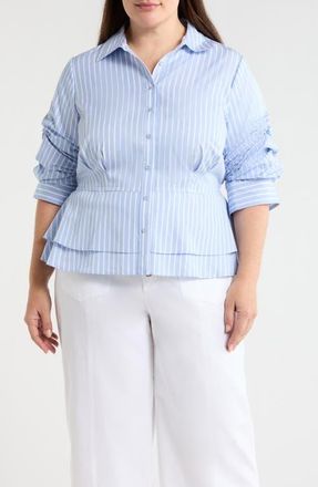 Wit & Wisdom Pinstripe Button-Up Tiered Peplum Shirt in Oxford Blue/Off White at Nordstrom, Size 1 X