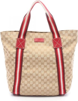 Gucci Beige Multi-Color Red Color Canvas Leather Handbag Tote Bag (Pre-Owned)