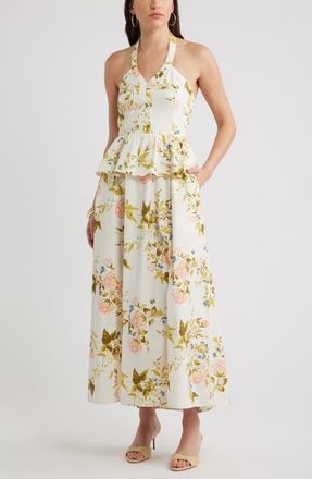 Chelsea28 Peplum Halter Dress in Teal Reese Floral at Nordstrom, Size Xx-Small