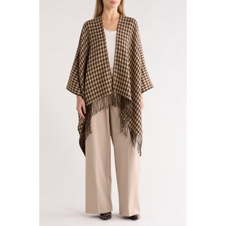 La Fiorentina Houndstooth Fringe Trim Ruana in Brown at Nordstrom Rack