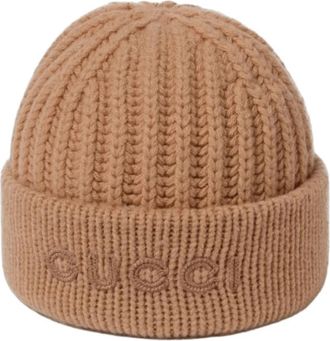Gucci Logo-ge Borduurde Beanie - Dames - Hoeden - Beige - M - Accessoires