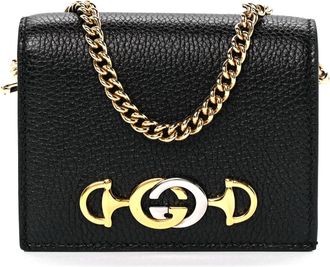 Gucci Zumi GG Black Leather Gold Chain Bi-Fold Mini Wallet