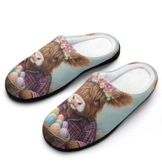 Generic Highland Cow Easter Eggs Womens Slippers Warm House Slippers Indoor House Shoes with Anti-Skid Rubber Sole