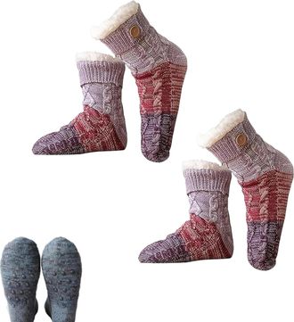 Generic Knitted Ultra-thick Slipper Home Socks, Non-Slip and Fluffy Warm Winter Socks, Tri-color Patchwork Cashmere Sock for Women (2PURPLE)
