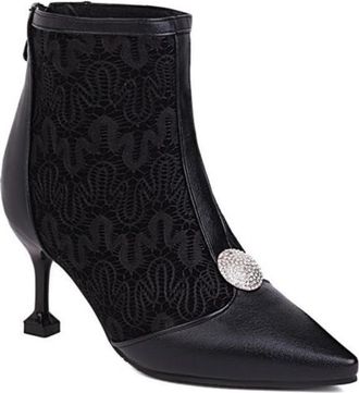 Generic Womens Patchwork Ankle Boots PU Leather Houndstooth Denim Pointed Toe Block Heels Comfortable Non Slip Durable for Daily Wear Street Fashion Party,Bla