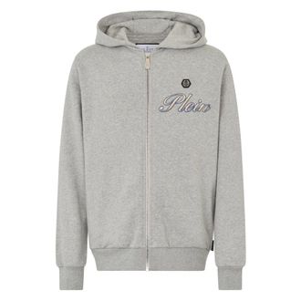 Philipp Plein Hoodies & sweatvesten, Heren, Grijs, XL, Katoen, Zip Hoodie Signature Embroidery