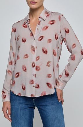 L'agence Holly Lips Pattern Woven Shirt in Taupe/Dark Red Kiss at Nordstrom, Size X-Large