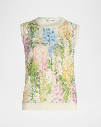 Oscar De La Renta Foxgloves Print Lace-Insert Tank Top
