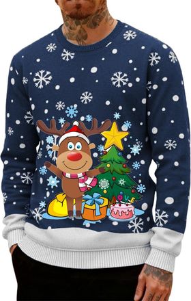 Generic Christmas Jumpers for Men UK Funny Ugly Reindeer Print 3D Graphic Tops Oversized Novelty Xmas Sweatshirt Crew Neck Long Sleeve Pullover Sweater Mens H