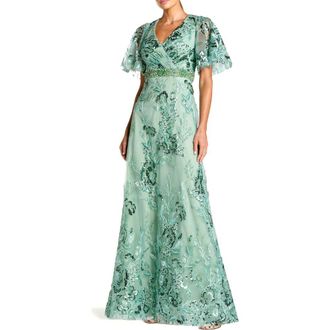 Mac Duggal Floral Embellished Short Sleeve Faux Wrap Gown in Sage at Nordstrom, Size 16