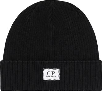 C.P. Company Zwarte wollen muts met zwart logopatch - Heren - Hoeden - Zwart - ONE Size - Wol - Accessoires