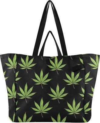 Generic Leaves Plant Green Black print Reusable Canvas Tote Bag, Heavy Duty Grocery Shopping Bag with Double Handles Hard Bottom Large Capacity Work Groceries