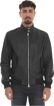 HUGO BOSS Leren Harrington Jack met Gebreide Details - Heren - Leren en Su&egrave;de Jassen - Zwart - 2XL - Leer - Jassen