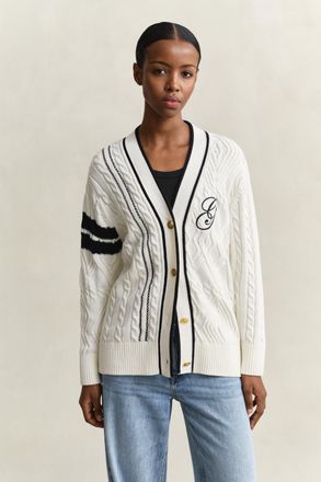 GANT Women Varsity Cable Knit Cardigan (XXL) EGGSHELL