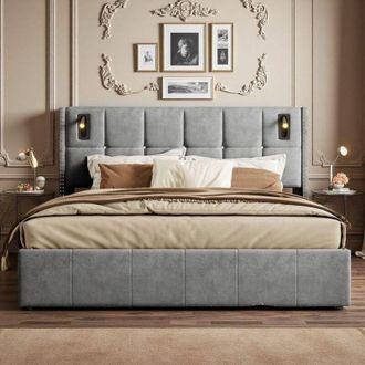 OEM Cama Doble 160x200cm Cama Cofre Hidr&aacute;ulica Con Almacenamiento, Cabecera De Terciopelo Y Lino, L&aacute;mpara Led Integrada, Gris Moderno