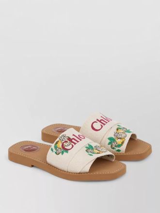 Chlo&eacute; linen ribbons flat mules citrus embroidery