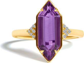 House of Brilliance 10K Yellow Gold Hexagon Purple Amethyst and Diamond Accent Geometric Ring