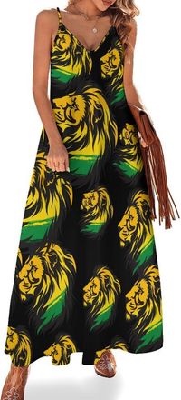 Generic Jamaican Lion Jamaican Rasta Flag Lion Womens Summer Maxi Dress Casual Swing Tank Dress Ruffle Hem Dresses for Beach Vacation 3XL