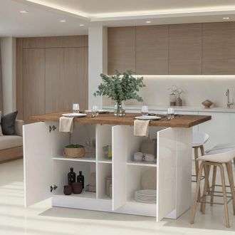 Dmora Isla De Cocina Migani, Mueble Despensa 3 Estantes, 6 Espacios Made In Italy, 3 Puertas, 160x80x90h Cm Blanco Brillante