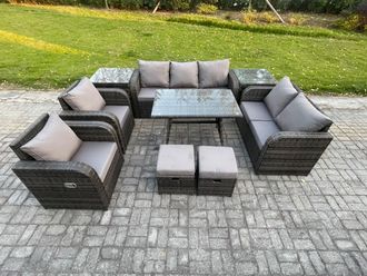 Fimous Outdoor Rattan Garden Furniture Set 9 Seater Patio Lounge Sofa Set with Dining Table 2 Small Footstools 2 Side Tables in Dark Grey