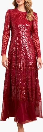Needle & Thread Aurora Long Sleeve Round Neck Gown in Cherry Red/Deep Red at Nordstrom, Size 10