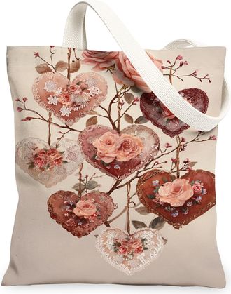 Generic Vintage Floral Canvas Tote Bags, Heart Pattern Reusable Grocery Bags, Romantic Lightweight Washable Shoulder Strap Canvas F, Beige, 13x15 Inch