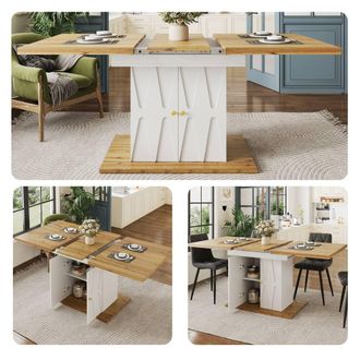 Merax Extendable Dining Table with Storage & Geometric Relief Pattern in White