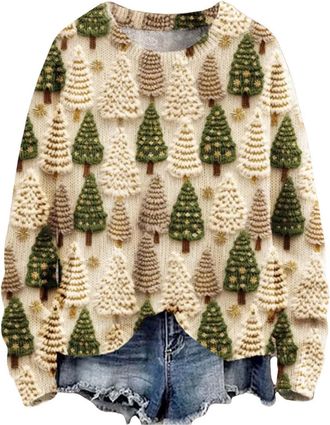 Generic Ladies Long Jumpers V Neck Long Sleeve Tops Womens Fashionable Casual Fun Santa Printed Round Neck Top Hoodless Sweatshirt Ladies Jumpers Size 16 (Bei