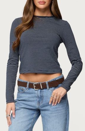 Edikted Brianna Long Sleeve Crop T-Shirt in Navy-And-White at Nordstrom, Size X-Small