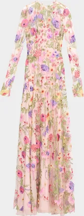 Naeem Khan Floral Embroidered Long-Sleeve Illusion Gown