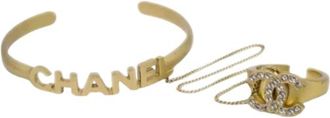 Chanel Gold Plated Rhinestone and Logo Cuff Bracelet and Ring Set