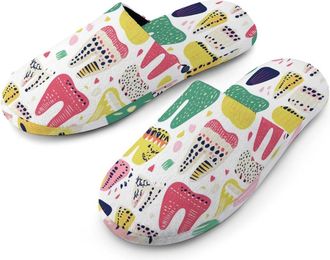 Generic Colorful Tooth Pattern Flannel Mens Slip-on Slippers Winter Warm House Shoes with Rubber Sole for Home Hotel