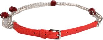 Dolce & Gabbana Womens Leather & Chain Floral Belt Red Real Brass Calf