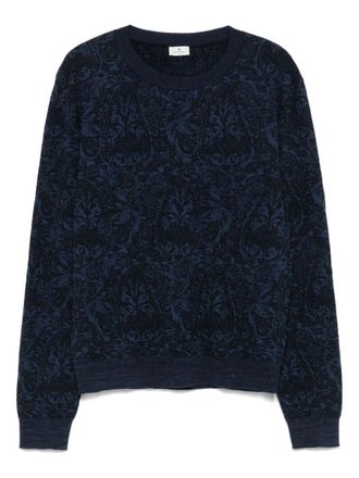 Etro Blue Sweater With Paisley Print In Cotton-Wool Blend