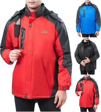 Generic Waterproof Jacket Mens with Detachable Hood Fleece Winter Coats for Men Soft Shell Warm Rain Jacket Colour Block Thermal Windbreaker Jackets Outdoor S