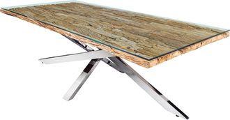 Global Interiors Massiver Design Esstisch shark X Silver 220 x 100 cm - Edelstahl, recyceltes Teakholz inkl Glasplatte