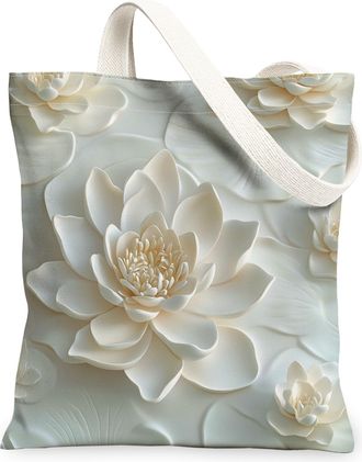 Generic Spring Relief Water Lily pad Canvas Tote Bag for Shopping 13x15, Cute Luxury Floral Reusable Grocery Print Bag for Women Men, Garden Cool Aesthetic Pa