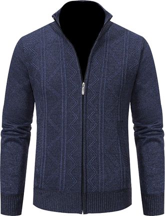 Generic Mens Knitted Cardigans Full Front Zip Closure Zipper Cardigan Mens Knitted Cardigan Tops Blouse with Pocket Full Zip Stand Collar Warm Jumper
