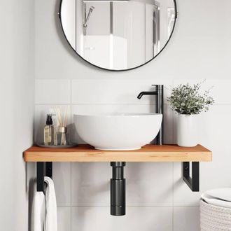 Berkfield Home Elegant Basin Shelf Wall Mounted Steel & Solid Wood Beech in Brown