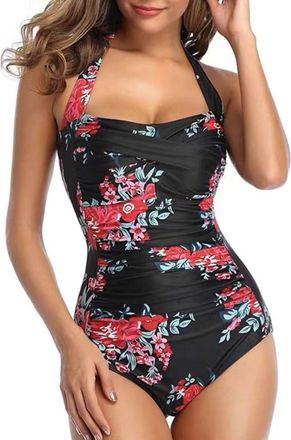 Generic DAVBNM Women One Piece Swimsuit Tummy Control Swimwear, Square Halter Neck Swimming Costume, Adjustable Straps Bathing Suit, Ladies Ruched Monokini Bl