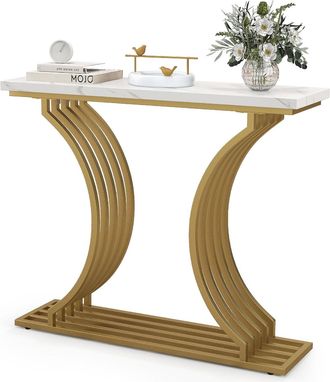 Costway Costway - Mesa De Entrada Dorada, Mesa Consola Moderna De 100 Cm Con Tablero De M&aacute;rmol Sint&eacute;tico Blanco, Mesa De Sof&aacute; Estrecha Con Patas De Metal Geom