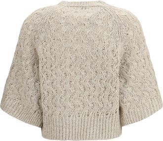 Brunello Cucinelli Womens Sweater Open-Knit Silk Blend Stone-Speckled Cream Stone/speckled