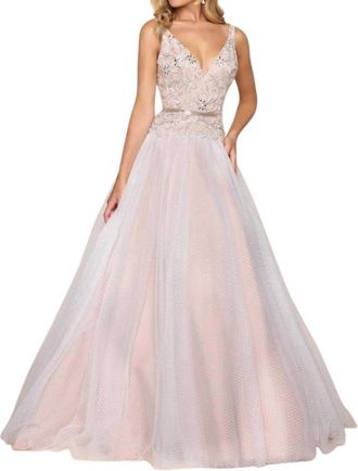 Mac Duggal Fit And Flare Ball Gown With Lace And Bead Applique In Ivory/nude