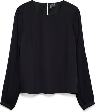 Vero Moda Blusenshirt VERO MODA VMSIGNE LS PLISSE TOP WVN, Damen, Gr. XL, schwarz, Jersey, Obermaterial: 100% Polyester, unifarben, regular fit normal, Rundhals