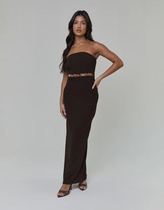 South Beach Vestito lungo a fascia marrone stropicciato con perline in vita