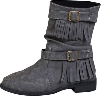 Generic Womens Mid Calf Boots Plus Size Belt Tassel Solid Buckle Casual Ankle Boots Short Boots(Grey, 6.5)