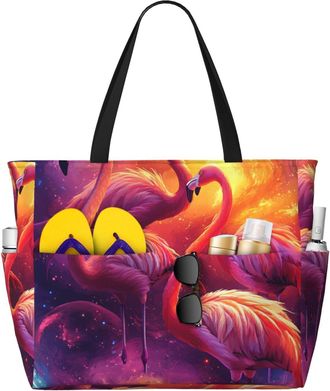 Generic Pink Flamingo Print Large Beach Bag Foldable Travel Shoulder Tote Bag With Pocket For Weekender Pool Vacation