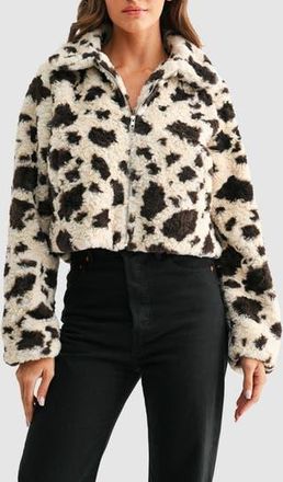 All in Favor Animal Print High Pile Fleece Jacket in Cream Chocolate at Nordstrom Rack, Size Medium