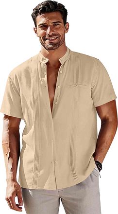 Generic Cotton Linen Shirts for Men Adult Summer Short Sleeve Casual Shirts Stand Collar Regular Fit Shirt Fashion Lightweight Button Down Tshirts Hawaiian We