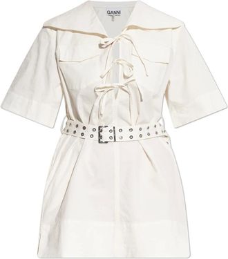 Ganni Kleedjes, Dames, Beige, M, Katoen, Stretch Katoenen Mini Jurk